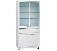 Шкаф 2-ух створчатый стекло/металл ШМС-2-Р-А-2 с регулируемыми опорами в алюм раме с выдв ящиком